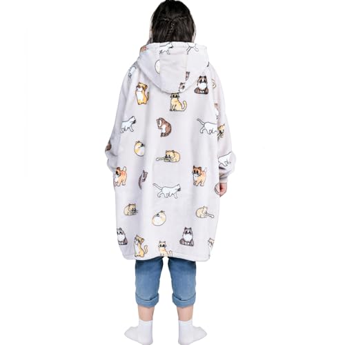Image of Waitu Wearable Blanket for Kids, Wearable Blanket Hoodie Gifts for Teens Girls and Boys, Warm Blanket Sweatshirt for Teenage, Thick Flannel Hoodie Blanket with Sleeves - Cat Gray