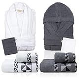 Ensemble de salle de bain complet 8 pièces – Comprend 2 peignoirs (un kimono, un avec capuche), 2 serviettes visage, 2 serviettes invitées et 2 poignées. Tout le nécessaire pour un bien-être total.