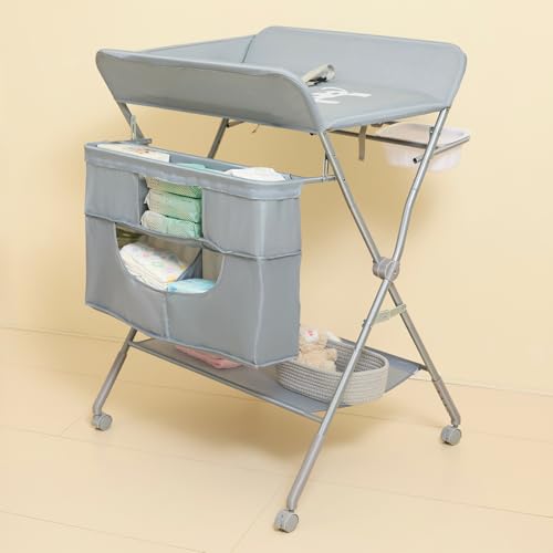 KARAOK Foldable Baby Changing Table with Wheels Portable Diaper Changing Station with Large Storage Bag & 4-Level Adjustable Height for Newborn Infant