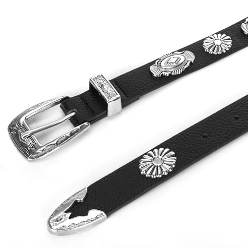Western-Concho-Cowboy-Belts for Women - PU-Leather Thin Rivet Cowgirl Studded Belt for Jeans(for 29-38''Wasit)4