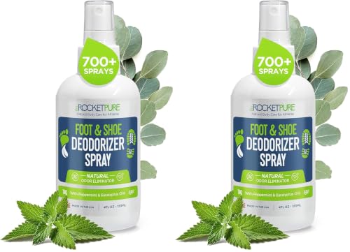Image of Rocket Pure Natural Foot and Shoe Deodorizer Spray, Deodorant and Odor Eliminator for Smelly Feet, Smell Remover, Formulated with Essential Oils, Made in the USA, Mint, 4 fl oz (Pack of 2)