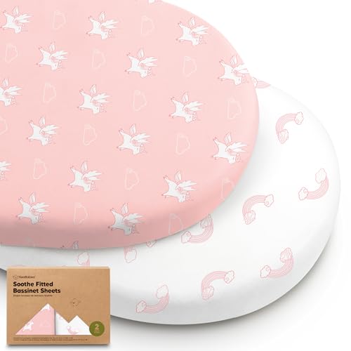Image of 2-Pack Organic Bassinet Sheets for Girls, Boys - 100% Cotton Bassinet Mattress Sheets Compatible with Halo Bassinest Swivel Sleeper, Graco,Baby Delight,Chicco,Unisex Fitted Bassinet Sheets (Dreamland)
