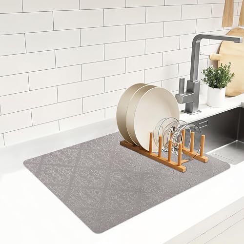 Image of Kuber Industries 50x70 Soft Microfiber Dish Drying Mat for Kitchen | Machine Washable & Quick Drying Water Absorbing Mat for Kitchen Dishes, Utensils & Crockery | Embossed Design - Grey