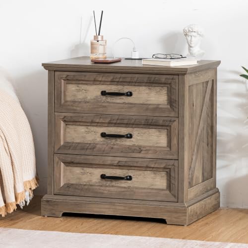 Image of HOMMPA 24'' Farmhouse Nightstand with Charging Station, Bedside Tables with Storage, Rustic Night Stand with AC Outlets & USB Port, 3 Drawers End Table Dresser, Wood Night Table for Bedroom, Greige