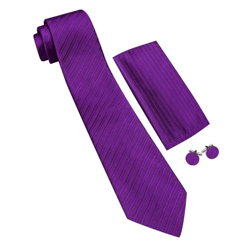 Image of Barry.Wang Solid Striped Tie for Men Silk Necktie Pocket Square Cufflinks Formal Wedding Party Business