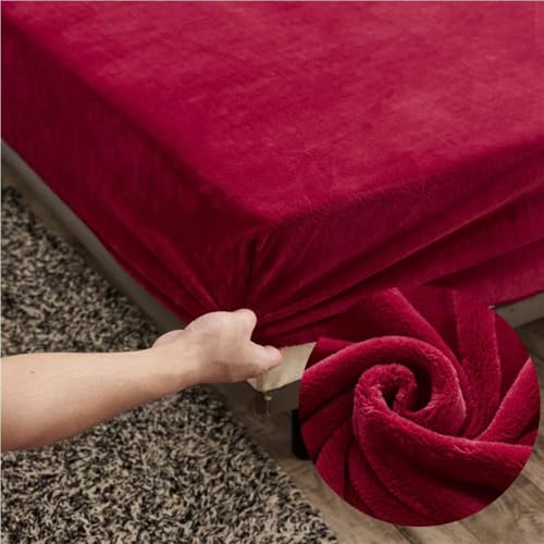 Sábana Bajera Ajustable de Franela 200x220 cm- Highdi Vino Tinto Sábana Bajera de Terciopelo Elástica de Invierno, Sábana Bajera 200x220 Adecuada para Colchón de 25-30 cm