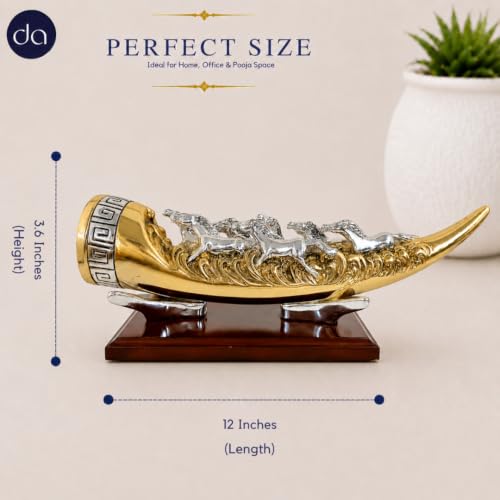 Image of 999 Silver & 24K Gold Plated 7 Running Horse Horn Showpiece - 12 inch | Premium Vastu Decorative Statue for Home Decor, Living Room & Office Desk, Luxury Gifting