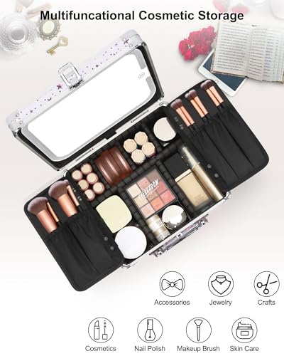 Image of Relavel Makeup Bag with LED Mirror, Makeup Box Travel Train Case with Rechargeable Lighted Mirror, Cosmetic Brush Organizer Storage for Makeup Artists Gifts for Women and Girls, Shining Star