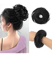 FGZJMAE Human Hair Bun Piece Jet Black 100% Real Human Hair Wavy Hair Stretchy Fluffy Hair Scrunc...