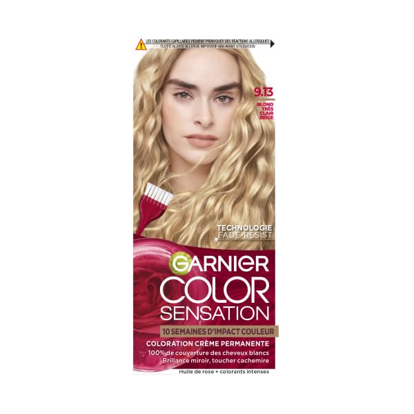 Garnier Color Sensation Coloración, rubio muy claro beige 9.13, Coloración en crema permanente, para todo tipo de cabello, color hasta 10 semanas y cubre 100% el cabello blanco