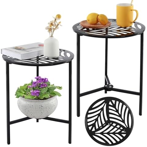 2 Packs 13" Metal Outdoor Side Tables Small Black Outside End Table for Patio Round Accent Garden Table Corner Table for Small Spaces Weather-resistant Coffee Table for Balcony Porch Plant Stand Cover