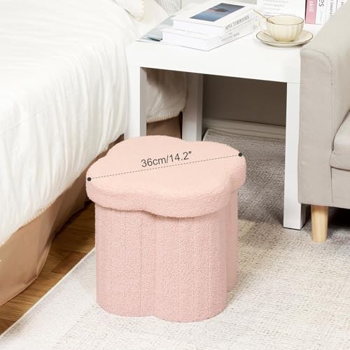 Image of B FSOBEIIALEO Storage Ottoman Cube, Flowers Shaped Ottomans with Storage Foot Stool Footrest for Lving Room, Boucle Ottoman Seat for Dorm Room,Faux Teddy Fur, Pink 12.6 inchx12.6 inchx12.6 inch