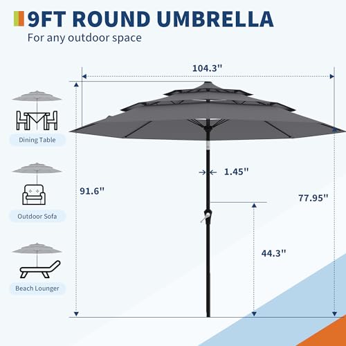 9Ft 3 Tiers Market Umbrella Outdoor, 3 Tiers Heavy Duty Patio Umbrella 8 Ribs, Outdoor Market Table Umbrellas with Ventilation and Hand Crank