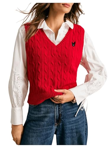 Women's Embroidery Cable Knit Sweater Vest V Neck Knitted Casual Sleeveless Sweater Pullover Top