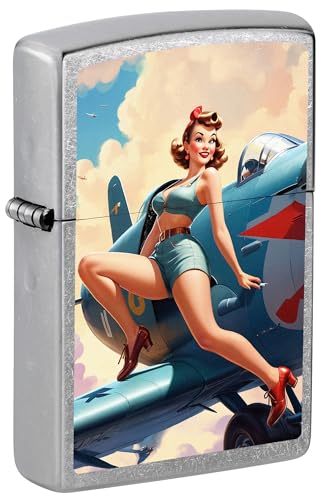 Zippo Lighter: Vintage Pin-up Girl on Airplane - Street Chrome