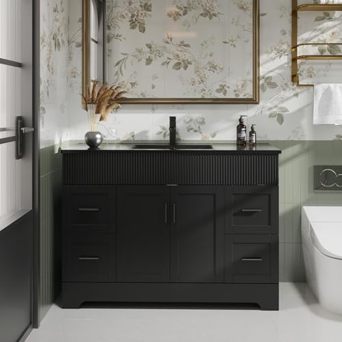 Image of eclife 48 inch Bathroom Vanities Sink Combo with Painted Surface, Modern Drawered Cabinet W /Decorative Wave Lines, Undermount Single Black Sink, Matte Black Faucet Drain, Black