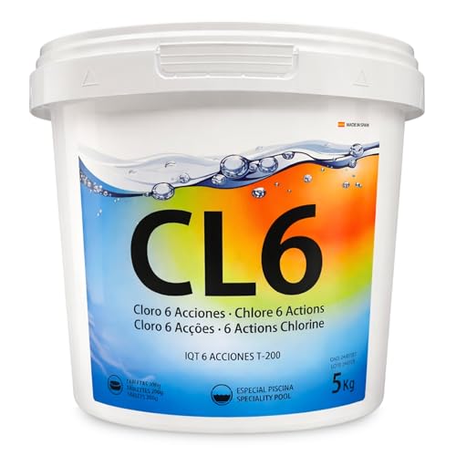 Cloro 6 Acciones, Recuperador Agua Piscina deteriorada, Tratamiento Inicial de la Piscina, Tabletas Multifuncion de 200 grs, Fabricado en España, Forma del Producto Granular, Contiene 5 Kg