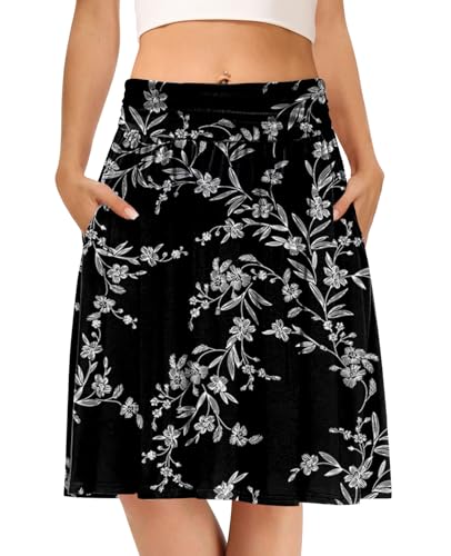 DB MOON Women's Midi Skirts High Waist Pleated Flowy Swing Knee Length Skirt with Pockets White Carvings Black L