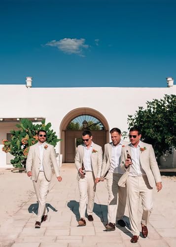 Mens Suit 2 Piece Linen Suits for Men Slim Fit Casual Summer Beach Wedding Groom Tuxedos Blazer Pants Set4