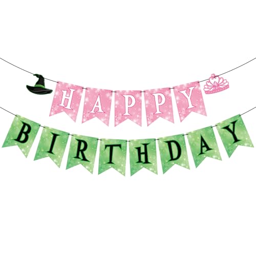 Image of Hooqict Happy Birthday Banner Pink and Green Birthday Party Decorations Princess Witch Party Banner Garland Sign for Kids Girls Night Galentine's Day Green and Pink Witch Theme Party Decorations