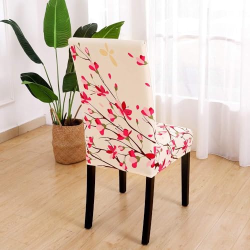 Image of Styleys Chair Covers for Dining Room, Stretch Dining Chair Cover, Washable Spandex Kitchen Chair Slipcovers (Set of 6, Pink Flowers, SD3217)