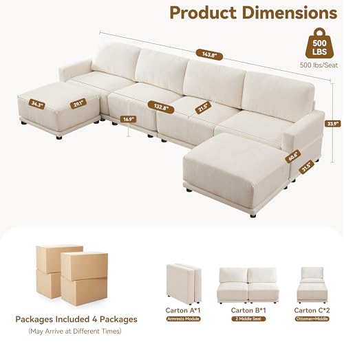Image of 143.8 inch Modular Sectional Sofa Modern Chenille U Shaped Couch with Thickened Seat Cushions, Easy Assembly, Upholstered 6 Seater Couch with 2 Movable Ottomans for Living Room, White