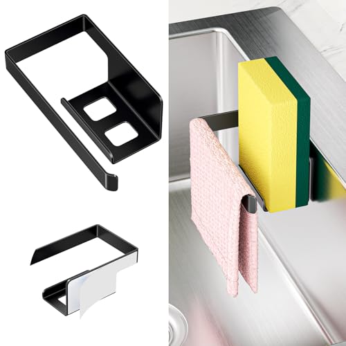 XILIMOR Schwammhalter Spülbecken Schwammhalter Küche Selbstklebend Spülschwammhalter Spültuchhalter Küche Aufbewahrung Edelstahl 2 in 1 Lappenhalter Spüllappenhalter Schwarz