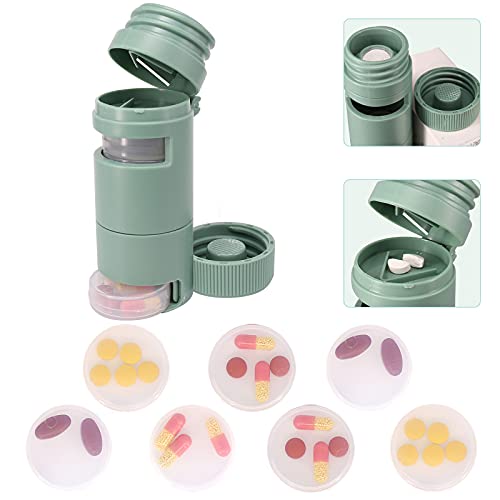 PwZzk 3 in 1 Portable Pill Cutter Pill Crusher Weekly Pill Organizer Pill Cutter and Crusher for Small Or Large Pills Travel Pill Bottle 7 Day for Purse(Green)