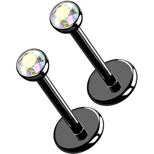 OUFER 2Pcs 20G/18G/16G G23 Titanium Threadless Nose Stud Earrings Flat Back Tiny CZ Small Nose Helix Cartilage Tragus Conch Labret Medusa Monroe Piercing Jewelry for Women Men Black AB 2pcs,