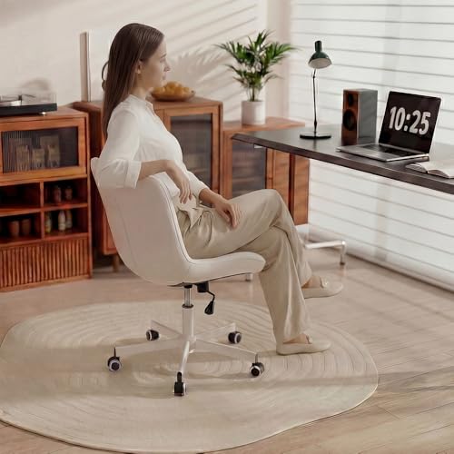 Image of Armless Desk Chair, Morden Home Office Chair no Arms, Adjustable Height & Rocking Computer Chair, PU Leather Vanity Chair, Ergonomic Seat Soft Padded Desk Chairs for Home Small Space, White