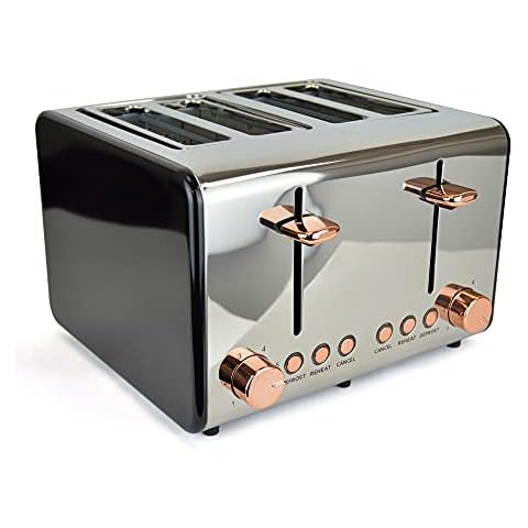 Kitchen Perfected 4 Slice Wide Slot Toaster, 6 Browning Settings, Defrost/Reheat/Cancel, High Lift, Centralisation Even Toasting - Black Stainless Steel with Rose Gold accents - E2125RG Cover