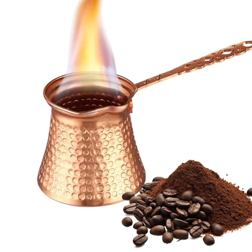 Rame più spesso, turco, greco, arabo, caffettiera, inciso, fornello, turca, Cezve Ibrik Briki con manico e cucchiaio in legno, CRYSTALIA grande caffettiera turca in rame 425 ml Premi