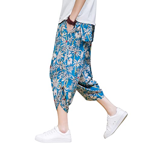 DOSLAVIDA Men's Casual Elastic Waist Linen Capri Pants Wide Leg Baggy Cotton Harem Yoga Trousers Loose Patchwork Short