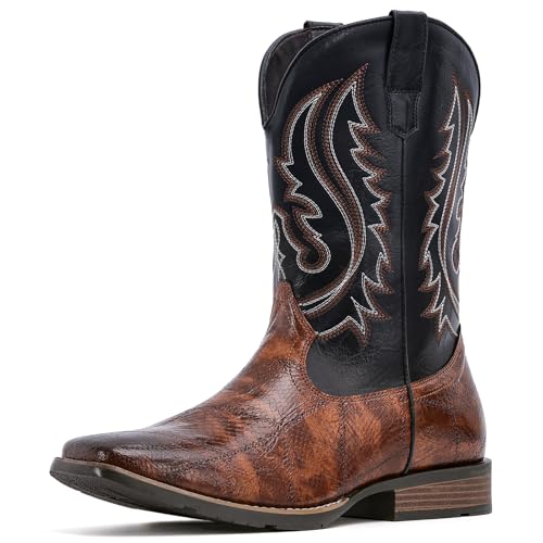 IUV Cowboy Boots Men Square Toe Western Boots Pull On Durable Classic Embroidered boot