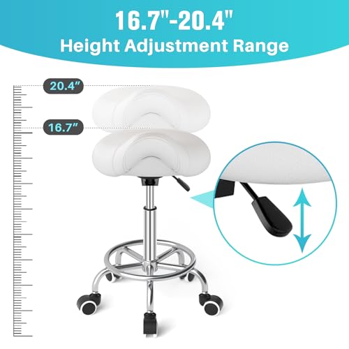 Image of YEEZEE Saddle Stool Ergonomic- Comfortable Rolling Saddle Stool with Wide Thick Saddle Seat Padding, Swivel Adjustable Saddle Chair with Wheels and Ring Pedal for Medical Massage Salon (Classic White)