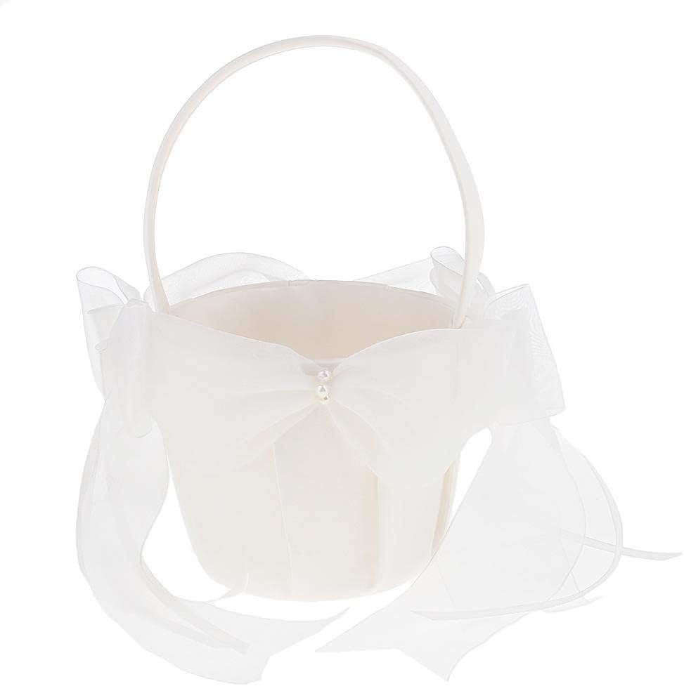 Basket for Girl in Beige Satin Flower with Big Ribbons 21x22cm Decorate Weddings