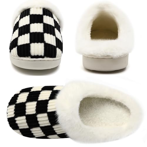 Image of Yueerlu House Slippers for Women Men, Fuzzy Checkered Mens Womens Slippers Warm Memory Foam House Shoes Indoor Outdoor with Faux Fur Lining