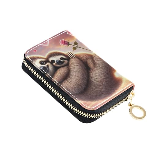 GAIGEO Romantic Sloth Hugging Scene Womens Wallets Small Cute Card Holder Wallets RFID Blocking Leather Coin Purse Pouch with Zipper