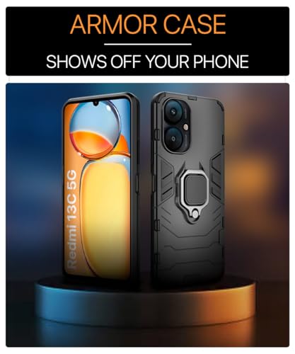 Image of WOW IMAGINE Shock Proof Back Case Mobile Cover for Xiaomi Redmi 13C 5G | Poco M6 5G | Bumper Case (Tough Armor | Hybrid PC + TPU | Full Protection with Ring Holder & in-Built Kickstand | Black)