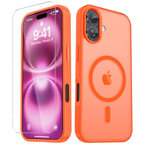 YENAPOON for iPhone 17 Case Matte Magnetic Phone Cover [with 1 Screen Protector] [Support for MagSafe] [Shockproof Military Grade Protection] Translucent Frosted Back Orange