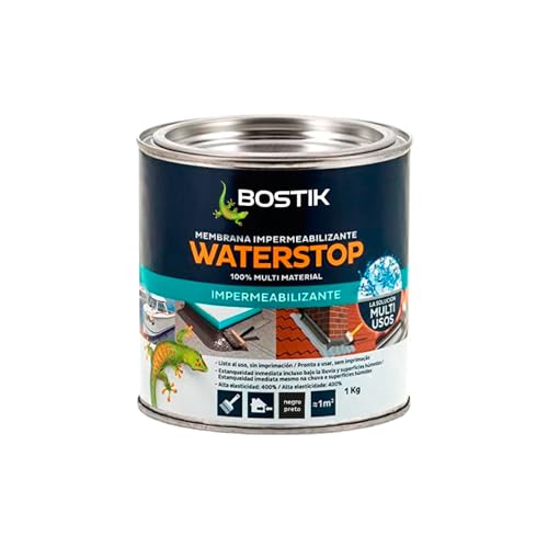 BOSTIK Waterstop Impermeabilizante de Reparación Negro - Estanqueidad Inmediata, Superficies Húmedas o Secas, sin Imprimación, Multimaterial, Fácil de Aplicar, Interior y Exterior, Bote 1 kg