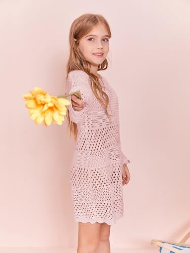 Image of Batermoon Girls Crochet Long Sleeve Swimsuit Cover Up Kids Fashion Hollow Out Swimwear Beach Dress 5-14 Years