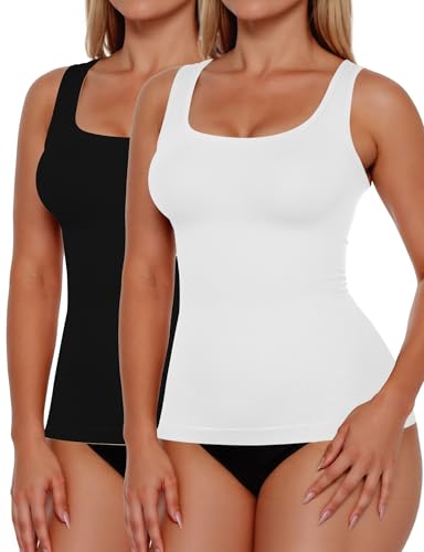 AURUZA 2PCS Women's Shapewear Tummy Control U Neck Camisole Tops for Women Seamless Compression Tank Top Regular Plus Size
