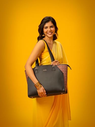Image of ZOUK Printed Jute Handcrafted Vegan Leather Black Women's Check-point Friendly Classic Business Bag