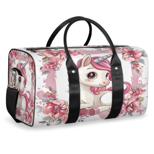 Cute Unicorn Floral Travel Duffle Bag, Sports Gym Bags for Women Men, Carry On Weekender Overnight Workout Airplane Trips Bag