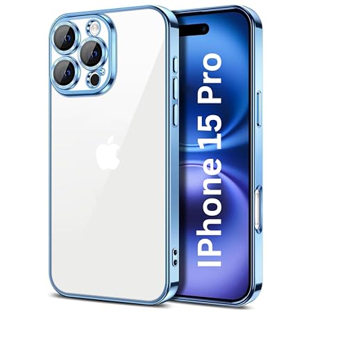 Image of Elzzi Electroplated Clear Transparent Cover for iPhone 15 Pro Case 6.1 inch Luxury TPU Cover Full Body & Camera Protection for Each Lens Bumper Cases for Men & Women (Light Blue)