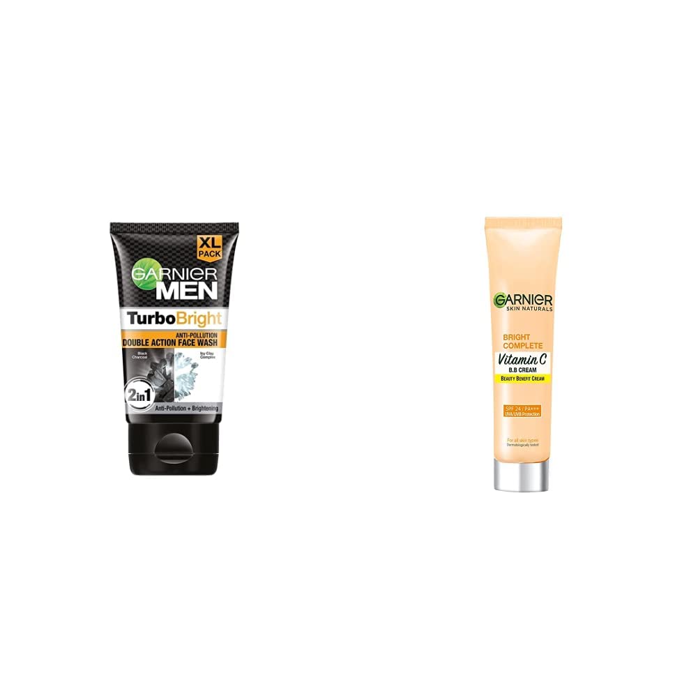 Garnier Men, Face Wash, Brightening & Anti-Pollution, TurboBright Double Action, 150 g & Garnier Bright Complete Vitamin C BB Cream 30g