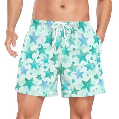 Mint Green and Blue Stars Men's Swimming Trunks Men's 2 Layer Workout Shorts with Phone Pocket Quick Dry S