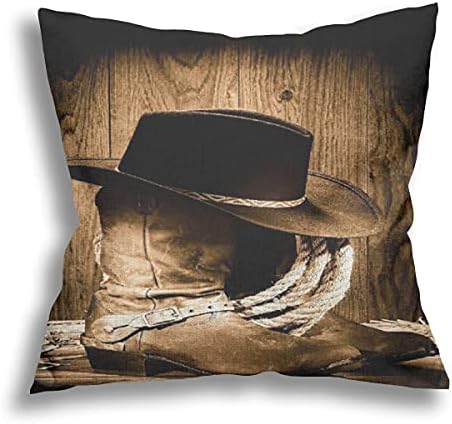 HATESAH Throw Pillow Covers Western Wild West Themed Cowboy Hat and Old Ranching Rope On Wooden Display Rodeo Cowboy Style Pillows Case Square Pillowcase Cushion Cover,18 x 18 Inches