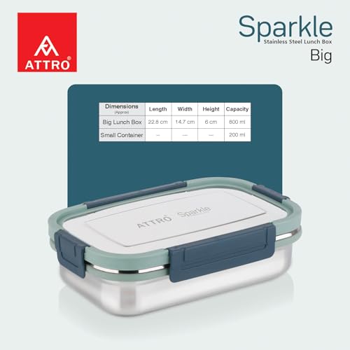 Image of ATTRO Sparkle Big Stainless Steel Lunch Box 2-Piece Set - 900ml + 200ml - Leak-Proof, BPA-Free, Compact & Durable - Ideal for Kids, Office, Travel - Green